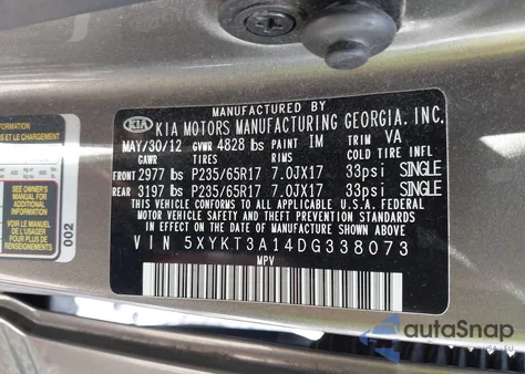 2013 Kia Sorento Lx z USA, uszkodzony, nr VIN 5XYKT3A14DG338073